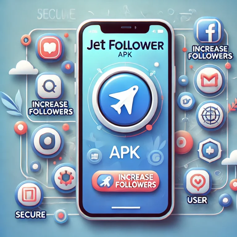 An illustration of a mobile phone screen displaying the Jet Follower APK app with a user-friendly interface. The screen shows various icons representig the features of jet follower apk